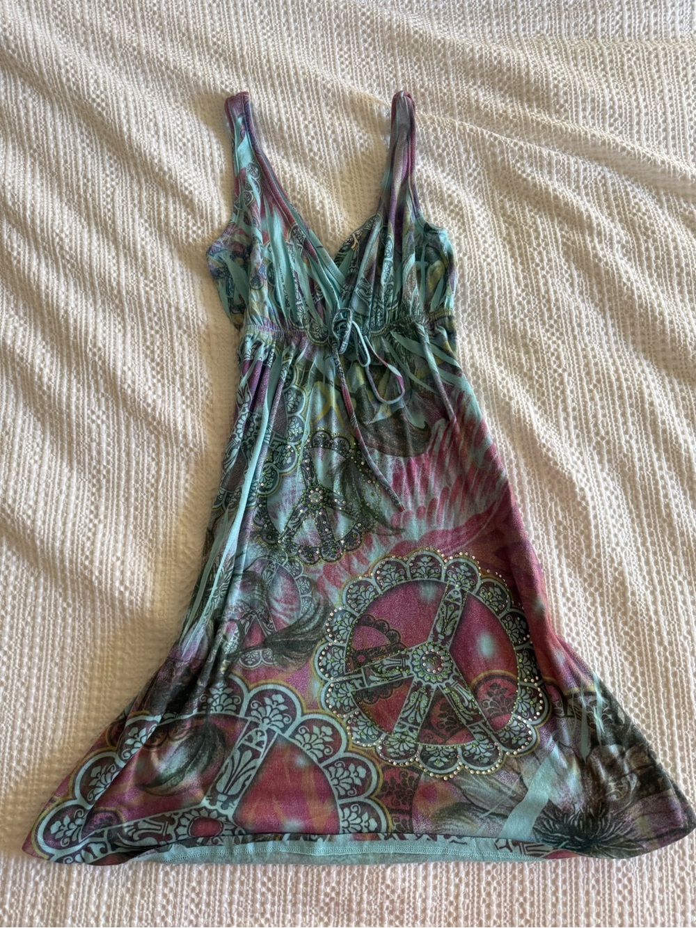 Y2K 2000s euro summer boho embellished midi dress with tie in front